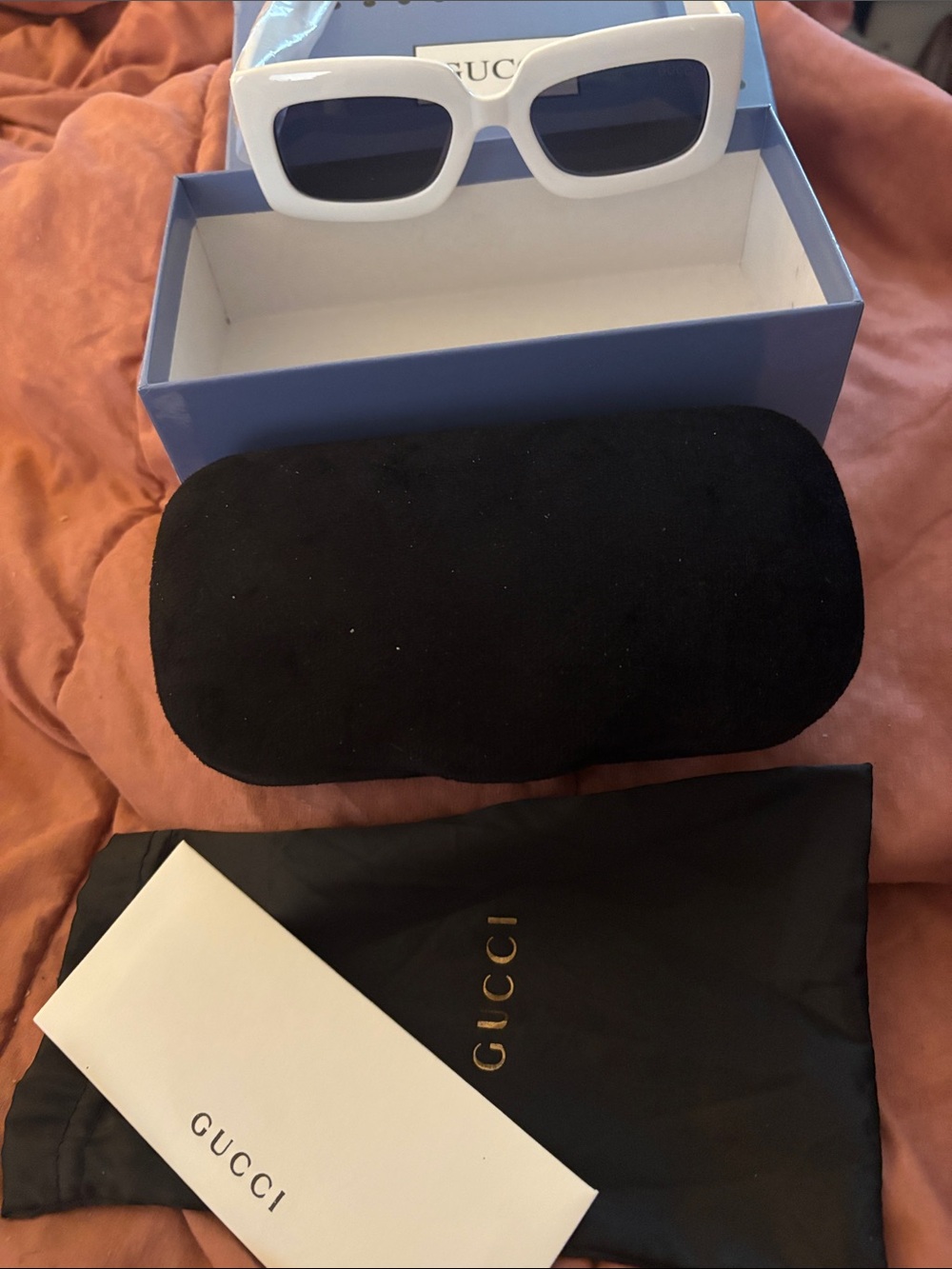 Gucci White Rectangular Sunglasses with Dark Lenses